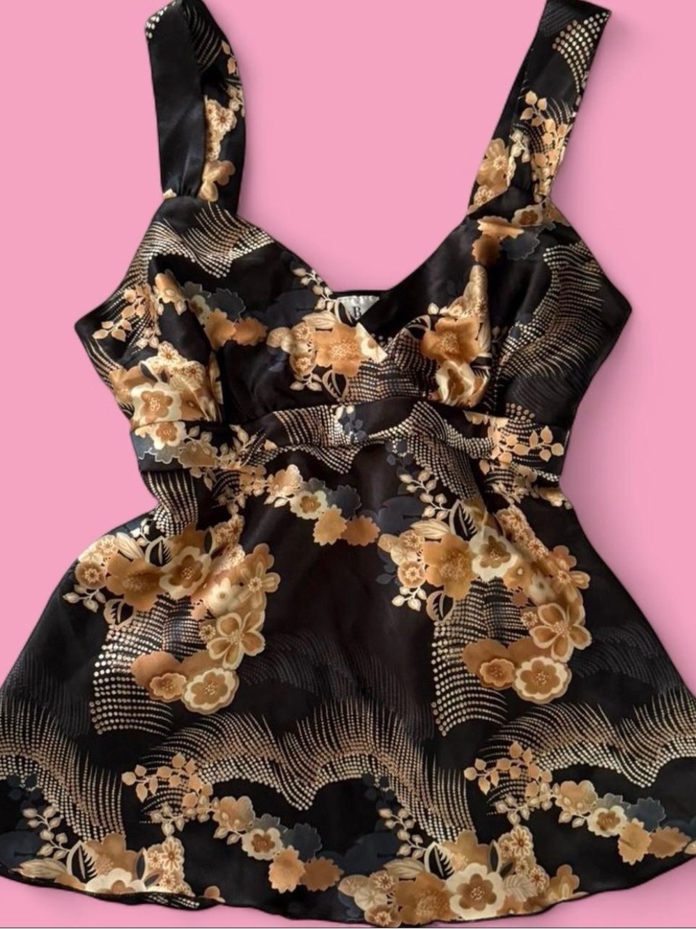 Vintage 90s Black Floral Satin Tank Top with Gold-Brown Blossoms